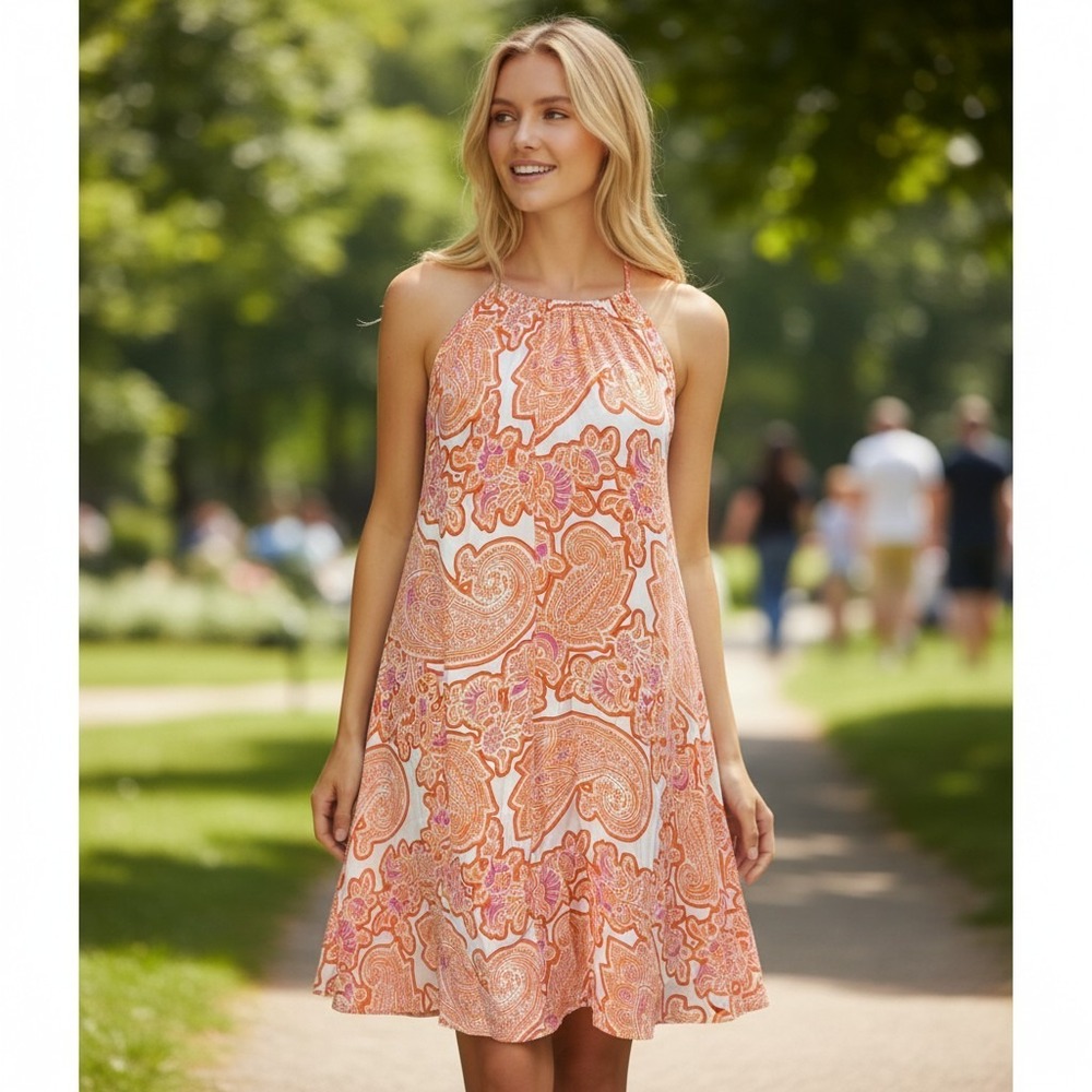 Michael Kors Halter Dress Silk Medium Orange Paisley Mini Boho Summer‎ Resort